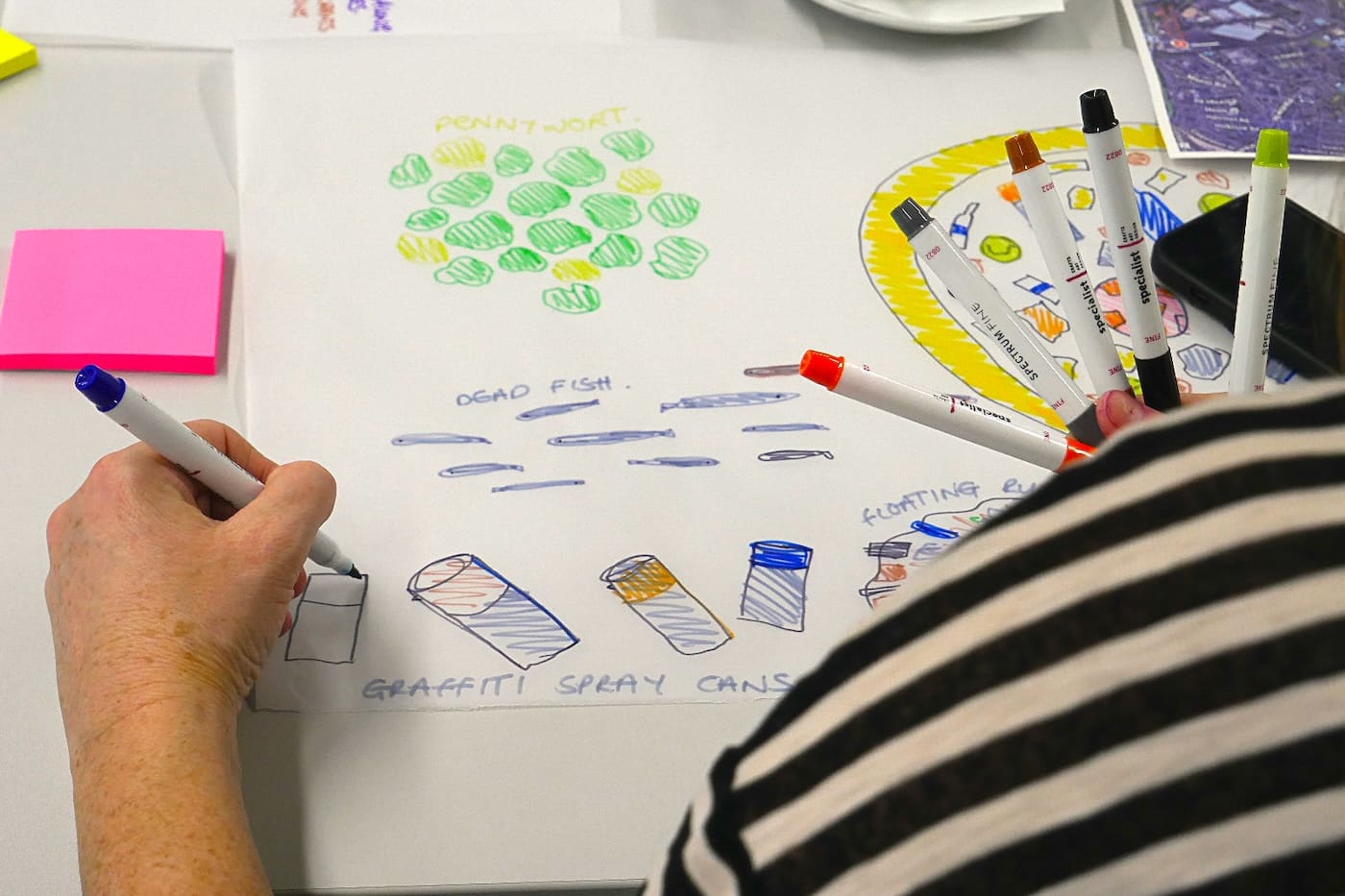 A hand draws river memories in felt-tip pen — pennywort, dead fish and graffiti spray cans — each labelled in handwritten capitals