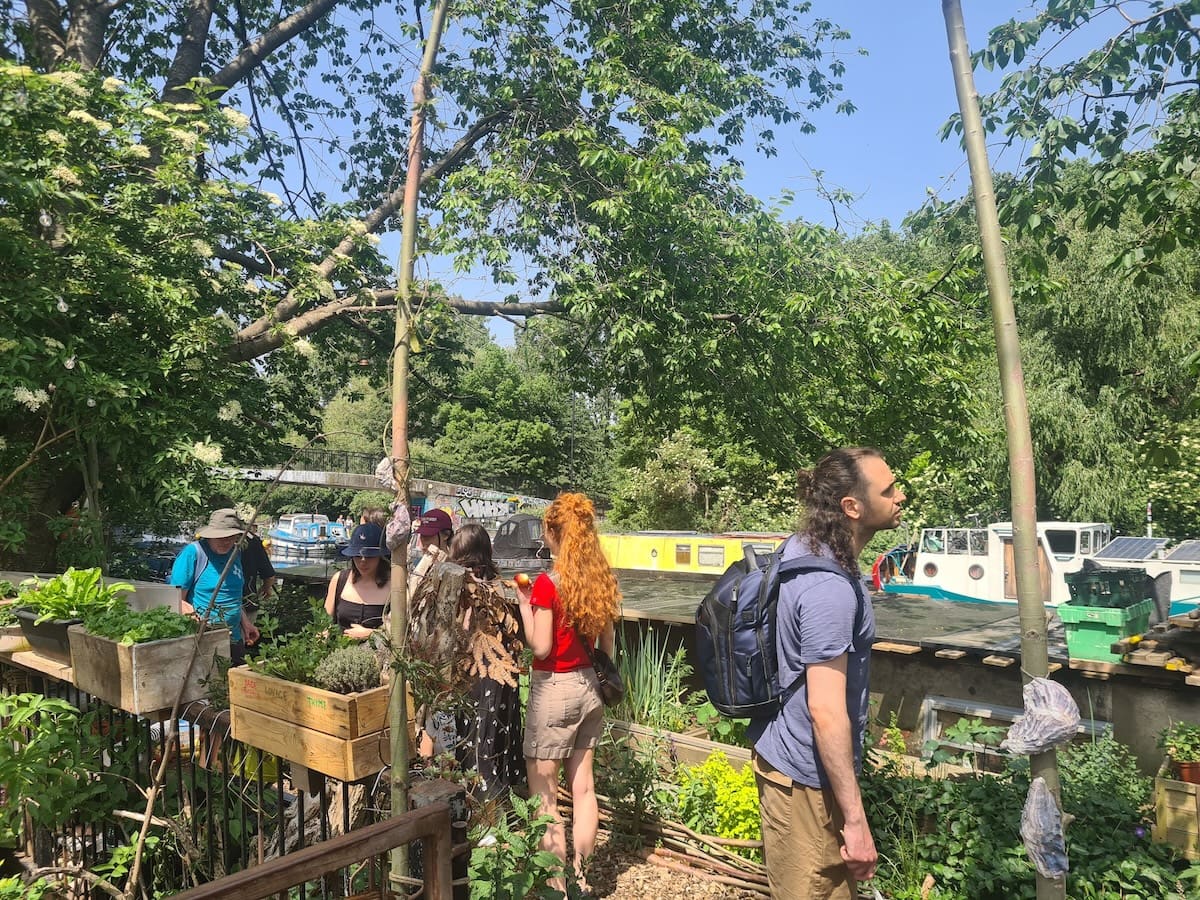 Walkers pause among planters of herbs and salad leaves in a floating garden, with narrowboats and a graffiti-covered footbridge behind